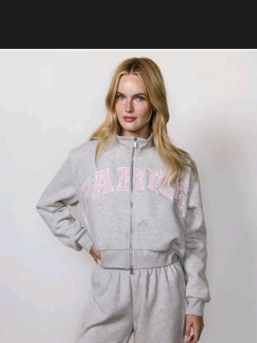 PARKE Fawn Light Gray Zip-Up Sweatshirt with Pink Logo S/M